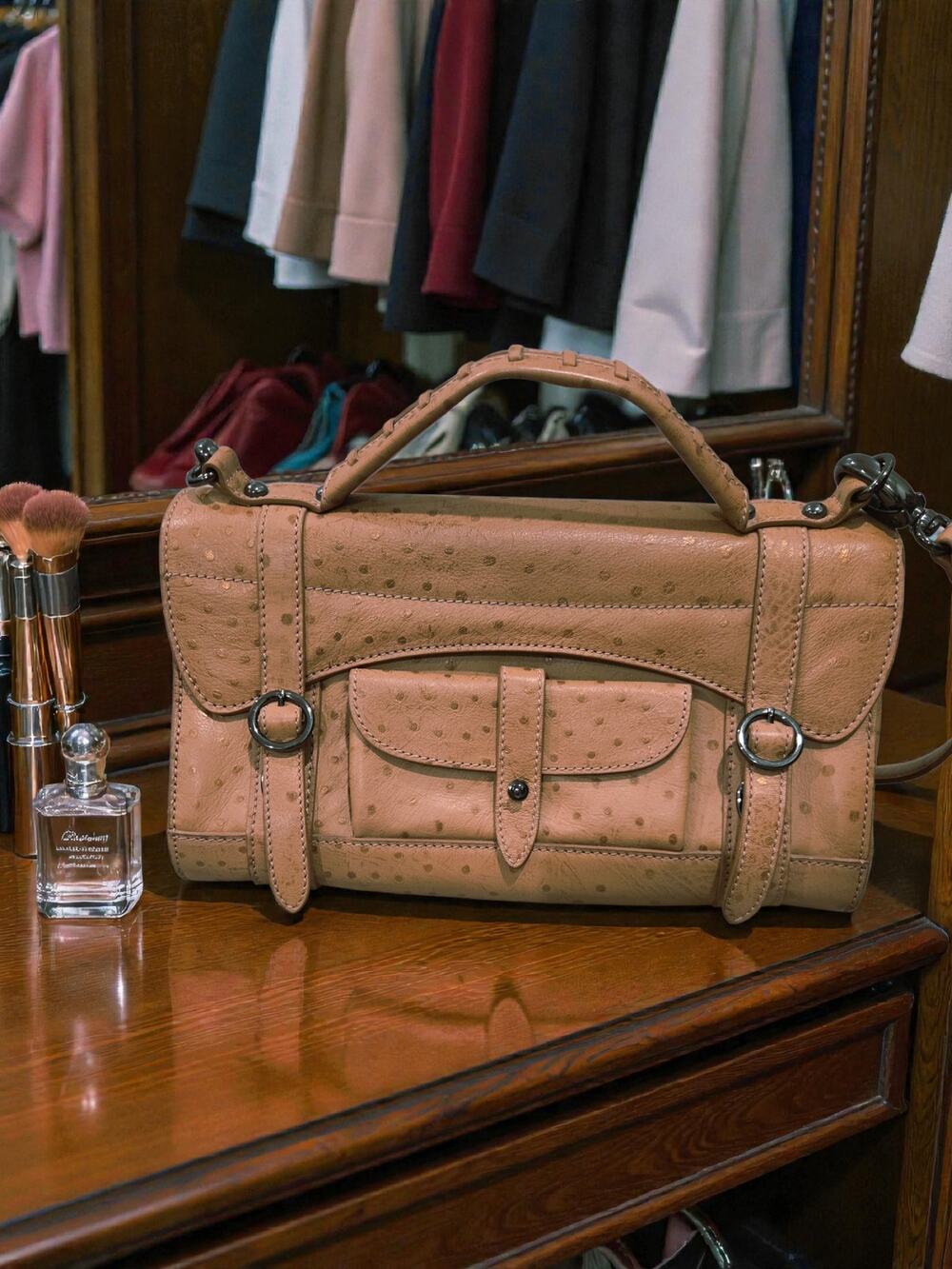 Exquisite Via Spiga Embossed Ostrich Print Leather Top Handle Handbag